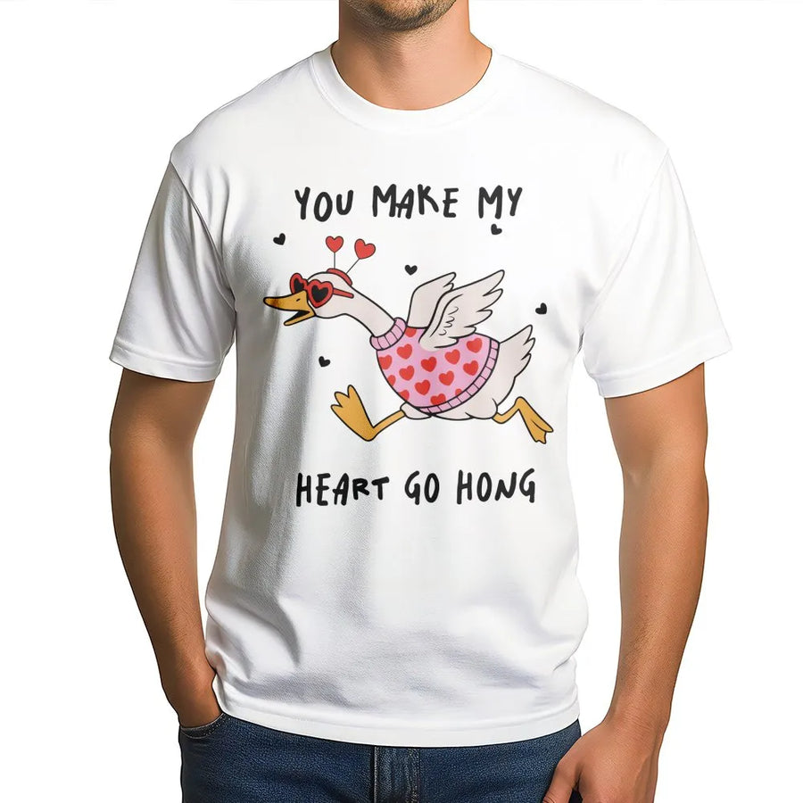 Funny Goose Valentine T-Shirt | You Make My Heart Go Honk Pun Graphic | Premium Soft Cotton Unisex Tee | Cute Animal Lover Gift For Couples