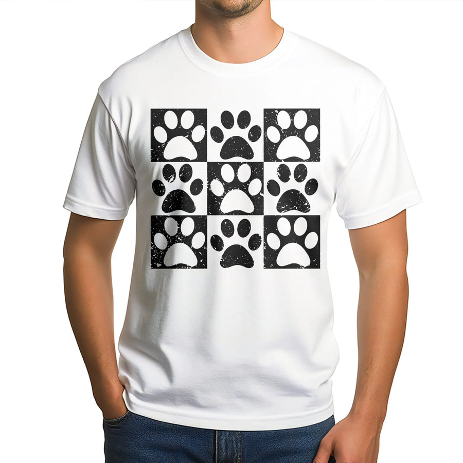 Paw Print T-Shirt | Distressed Checkered Dog and Cat Design | Soft Premium Cotton | Gift for Pet Lovers and Veterinarians