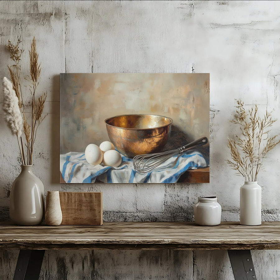 Rustic Kitchen Still Life Canvas Art | Vintage Baking Scene with Copper Bowl | Premium Gallery Quality Canvas | Kitchen & Dining Room Wall Decor Gift