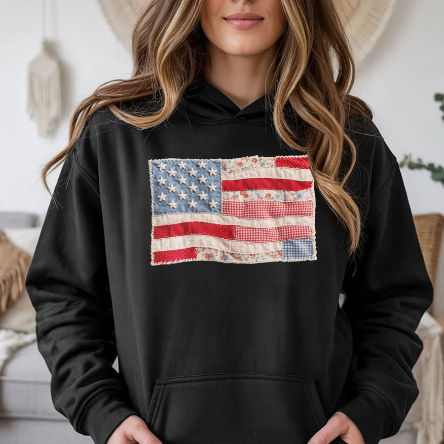 American Flag Hoodie | Vintage Quilt Style Patchwork Print | Soft Unisex Crewneck | Patriotic Fourth of July Gift