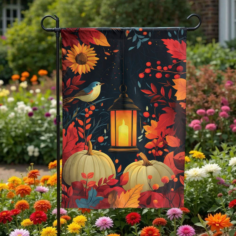 Fall Garden Flag | Autumn Lantern Pumpkin & Bird Design | Weather-Resistant Premium Polyester | Festive Outdoor Yard Decor Gift