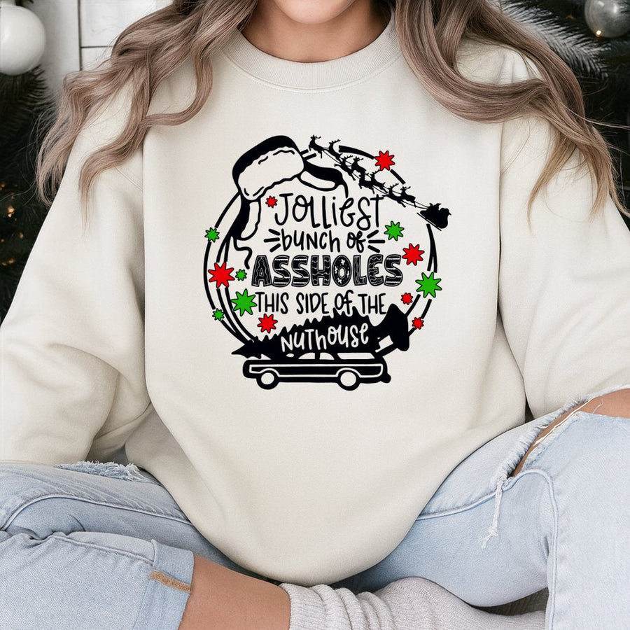 Jolliest Bunch Sweatshirt | Funny Christmas Holiday Quote | Unisex Premium Cotton Blend | Gift for Family Holiday Parties
