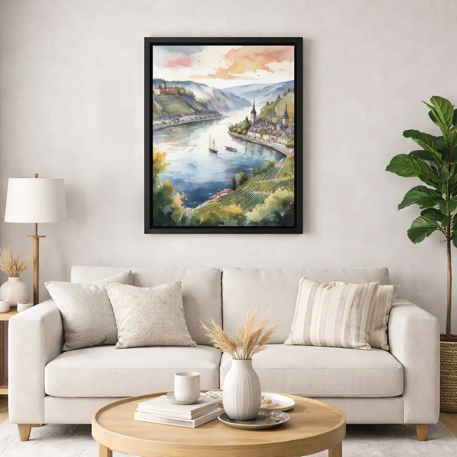 European River Valley Wall Art | Watercolor Vineyard Landscape | Gallery Quality Canvas Print | Scenic Home Decor Gift