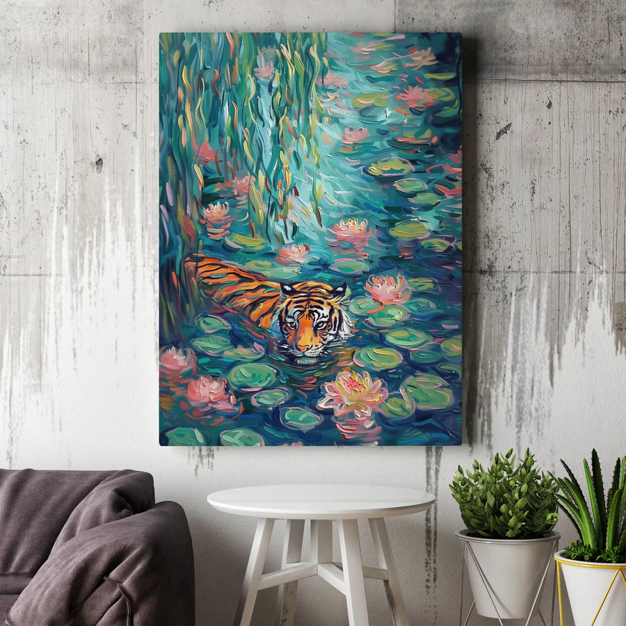 Tiger In Water Lily Pond Canvas Wall Art | Impressionist Wildlife Painting | Gallery-Wrapped Premium Print | Nature-Inspired Home Decor Gift