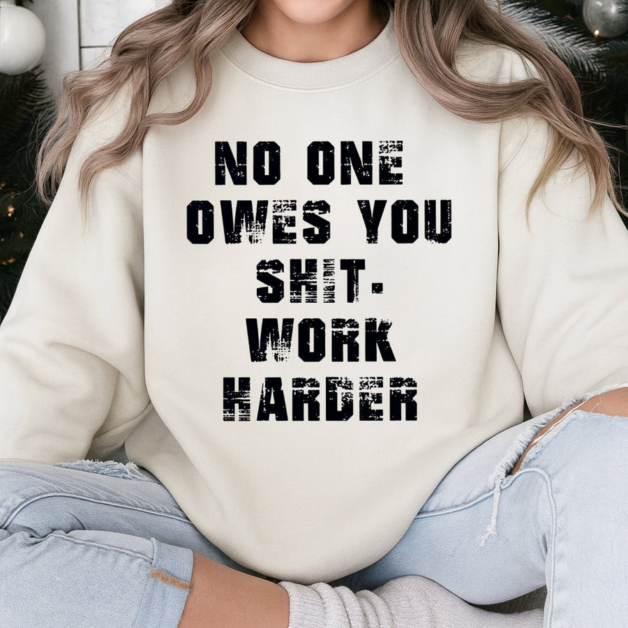 No One Owes You Shit Work Harder Sweatshirt | Motivational Graphic Pullover | Premium Cotton Blend | Hustle Culture Apparel For Men And Women
