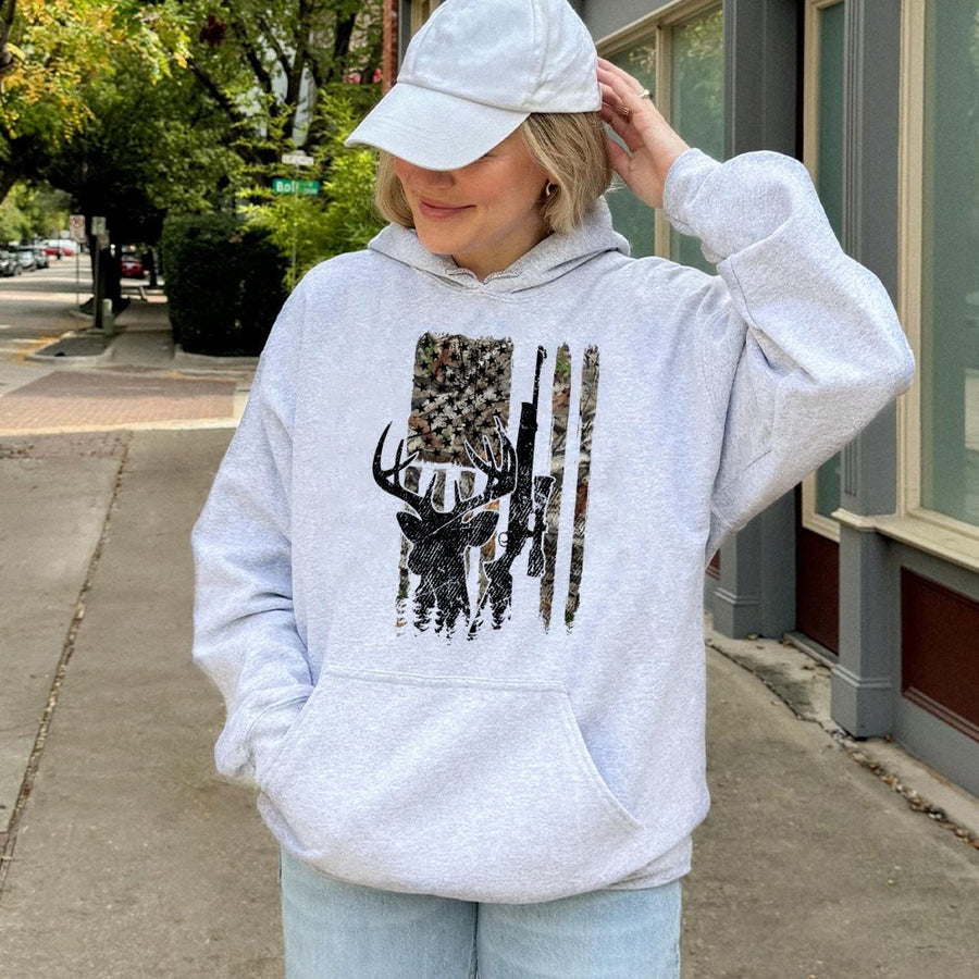 Deer Hunting Hoodie | American Flag Camo Rifle Buck Graphic | Cotton-Poly Blend Sweatshirt | Patriotic Gift for Hunters