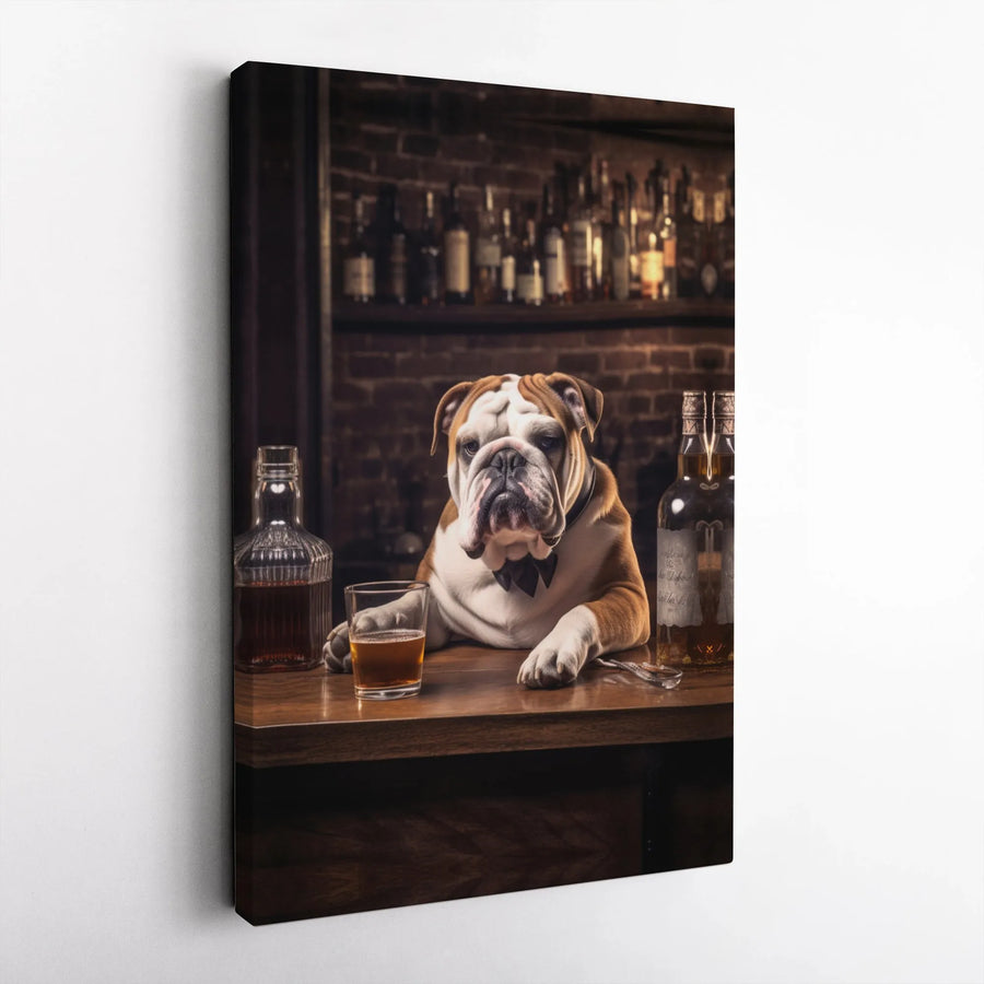 English Bulldog Whiskey Bar Canvas | Dapper Dog in Bow Tie Wall Art | Premium Gallery Wrap Decor | Unique Gift for Dog Lovers