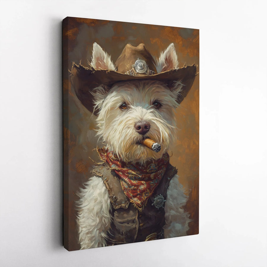 Westie Dog Wall Art | Cowboy Sheriff Smoking Cigar Portrait | Premium Gallery Wrapped Canvas | Funny Western Home Decor Gift