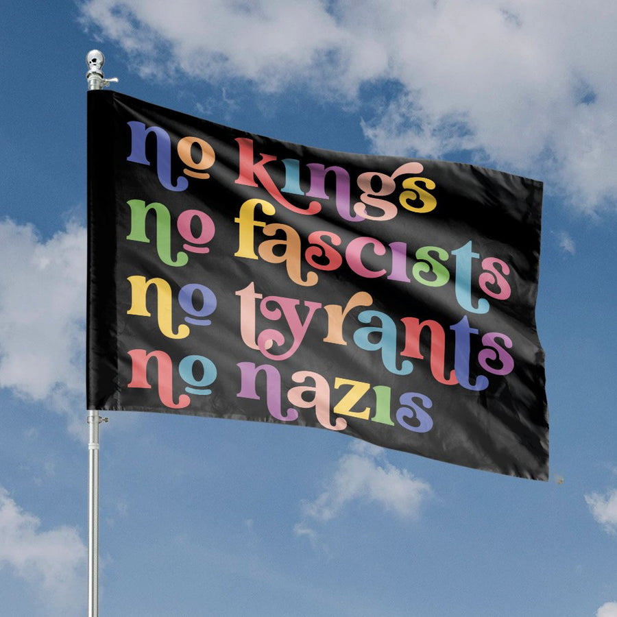 No Kings No Nazis House Flag | Groovy Retro Rainbow Typography | Durable 100% Polyester | Statement Home Decor Gift