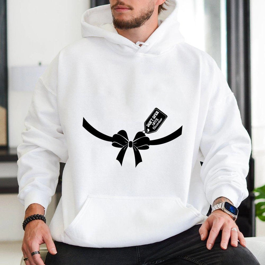 Christmas Pregnancy Announcement Hoodie | Don't Open Until December Bow Design | Premium Cotton Blend | Gift for Mom To Be and Expecting Parents