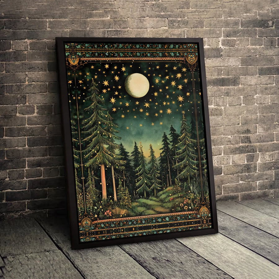 Celestial Night Forest Canvas Art | Enchanting Moon and Starry Landscape | Premium 1.25" Gallery Wrap | Mystical Home Decor Wall Print