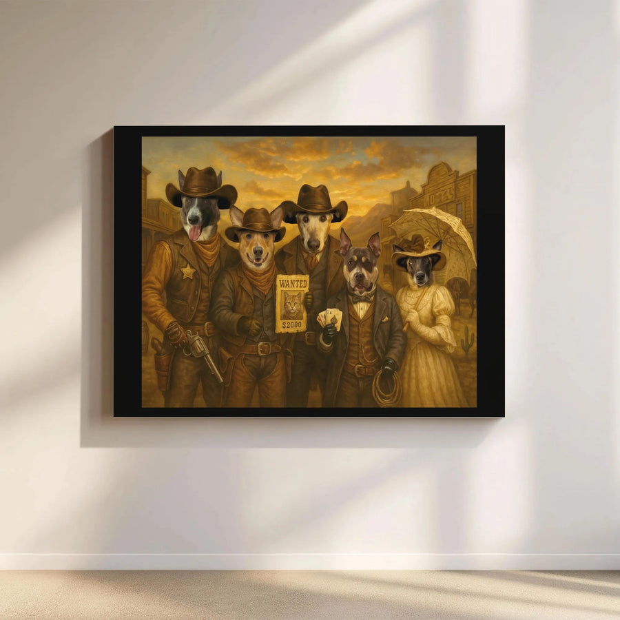 Cowboy Dog Western Wall Art | Vintage Old West Cowboy Pets Poster | Premium Stretched Gallery Canvas | Unique Man Cave Decor Gift