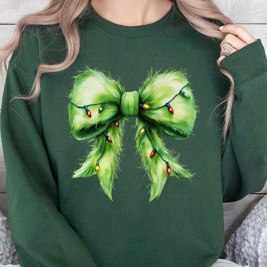 Furry Green Bow Sweatshirt | Christmas Lights Graphic Print | Premium Cotton-Blend | Coquette Aesthetic Holiday Gift for Her