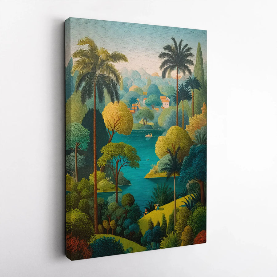 Vintage Tropical Landscape Vertical Canvas | Lush Jungle River Art Print with Palm Trees | Premium 1.25" Gallery Wrap | Vibrant Nature Wall Art Decor for Living Room Gift