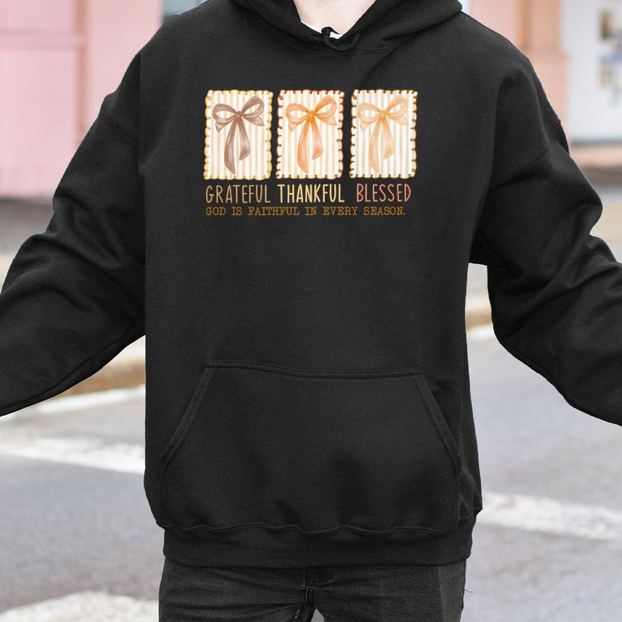 Grateful Thankful Blessed Hoodie | Aesthetic Bow Graphic Coquette Style | Premium Cotton Blend Sweatshirt | Christian Faith Gift for Her