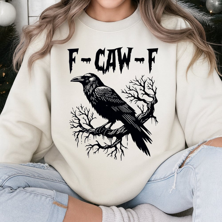 F-Caw-F Crow Sweatshirt | Gothic Bird Graphic Pullover | Soft Cotton Blend Unisex Crewneck | Funny Halloween Gift for Bird Lovers & Goth Fans