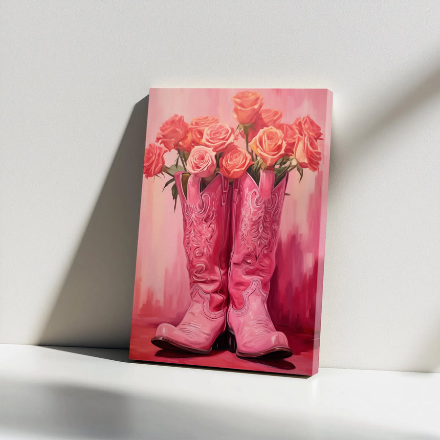 Pink Cowboy Boots Canvas Wall Art | Roses Bouquet Western Decor | 1.25" Gallery Wrap Premium Print | Country Aesthetic Gift for Her
