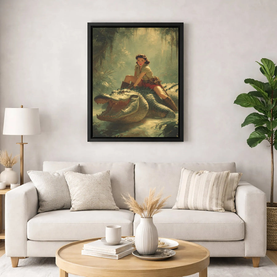 Jungle Explorer Pin-Up Girl Wall Art | Vintage Safari Alligator Illustration | Premium 1.25" Gallery Canvas | Unique Man Cave Home Decor
