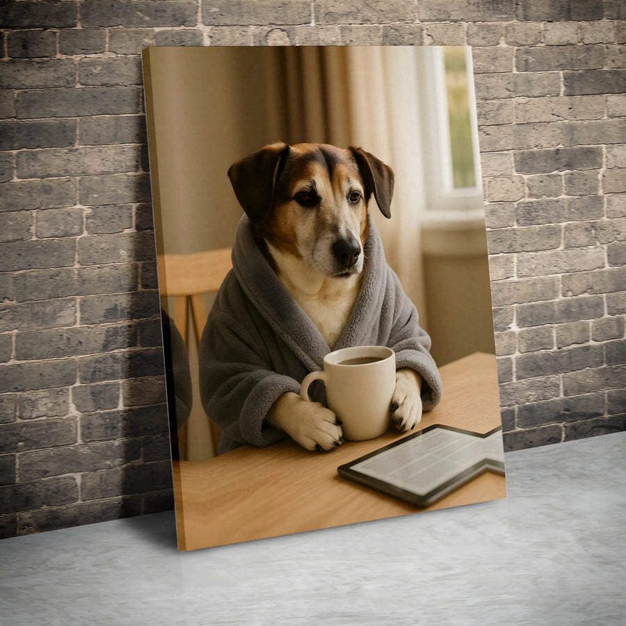 Dog in Bathrobe Coffee Canvas Wall Art | Whimsical Morning Coffee Drinking Dog | Premium Gallery-Wrap Canvas | Funny Animal Home Decor Gift for Dog Lovers