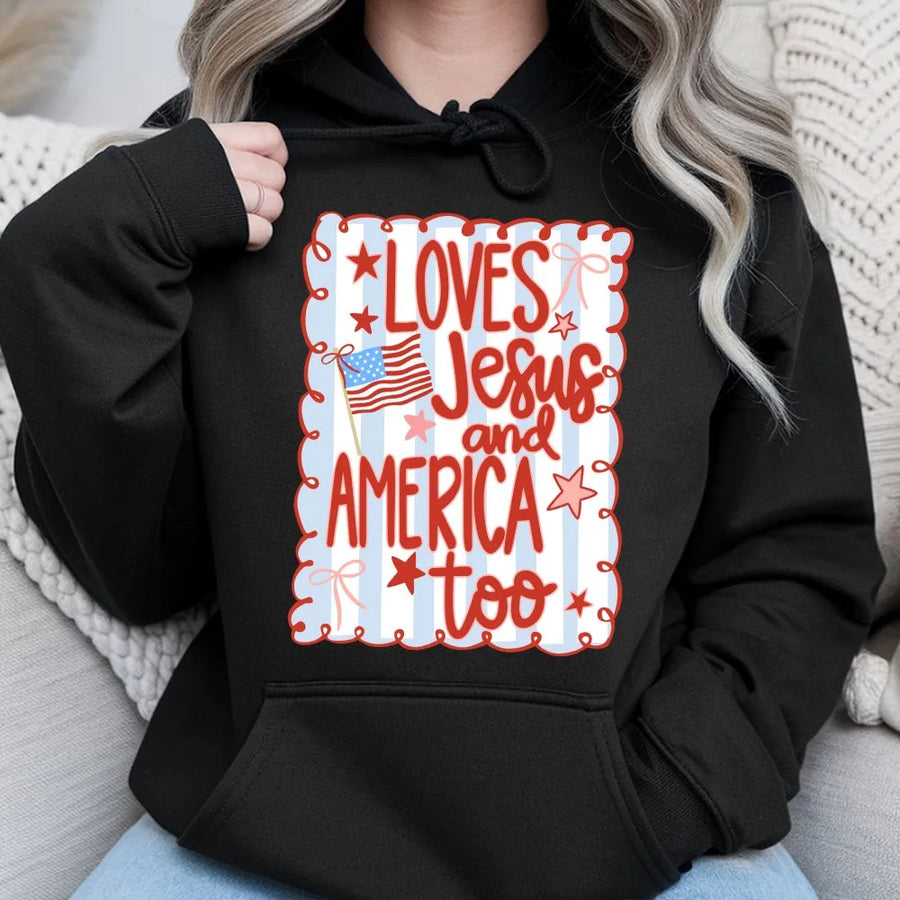 Loves Jesus And America Too Hoodie | Patriotic Coquette Bow Graphic | Premium Cotton Blend | Christian Faith 4th Of July Gift For Women
