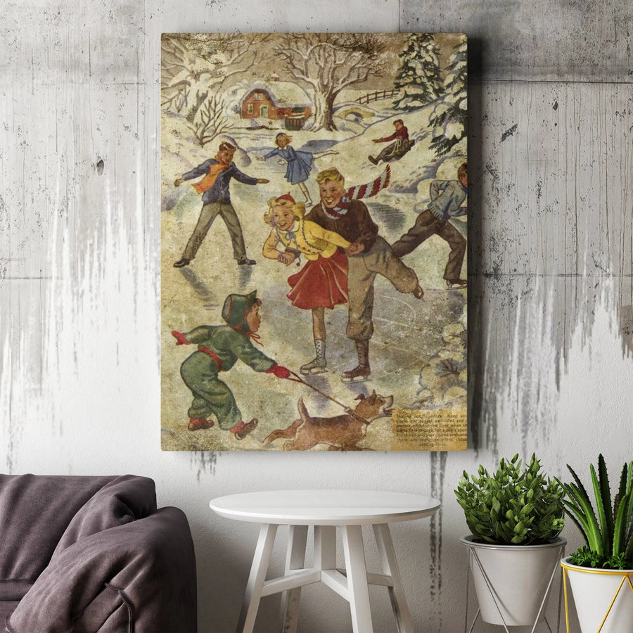 Vintage Ice Skating Canvas Wall Art | Nostalgic Winter Snow Scene Print | 1.25 Inch Gallery Wrap | Seasonal Holiday Home Decor Gift
