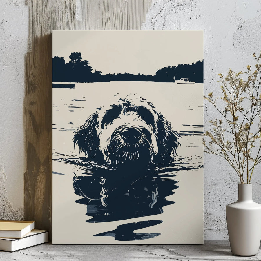 Shaggy Dog Canvas Wall Art | Minimalist Swimming Doodle Design | Premium Gallery Wrap Print | Modern Pet Lover Home Decor Gift
