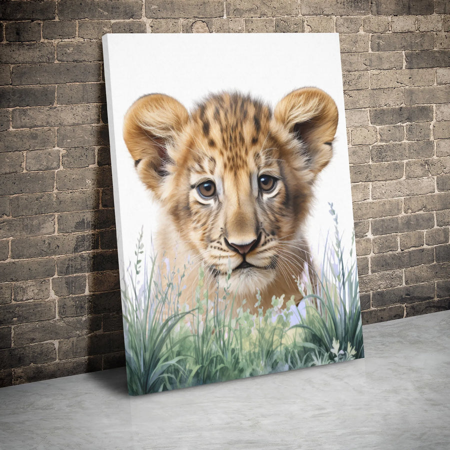 Baby Lion Cub Canvas Wall Art | Watercolor Wildlife Portrait | Premium 1.25" Gallery Wrap | Nursery Decor & Animal Lover Gift
