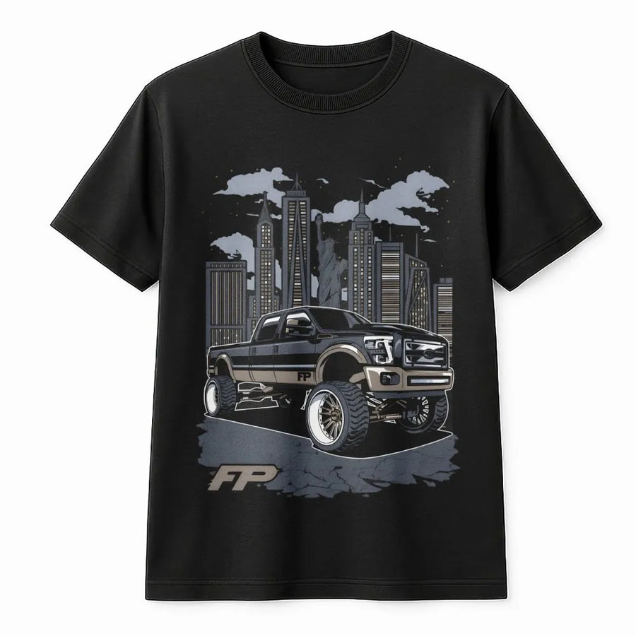 Lifted Diesel Truck T-Shirt | NYC Skyline Cityscape Graphic | Premium Cotton Streetwear | Gift For Truck Enthusiasts & Mechanics