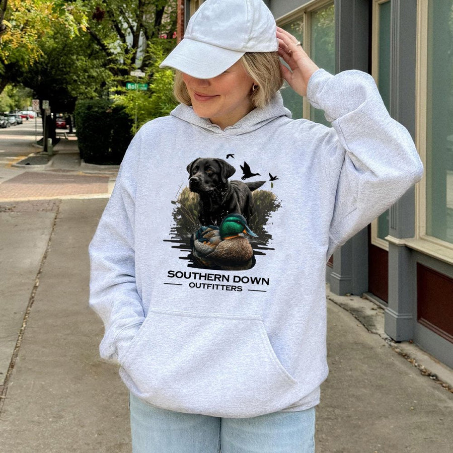Black Labrador Duck Hunting Hoodie | Wildlife Waterfowl Graphic Print | Premium Cotton-Blend Pullover | Gift for Outdoorsmen and Hunter