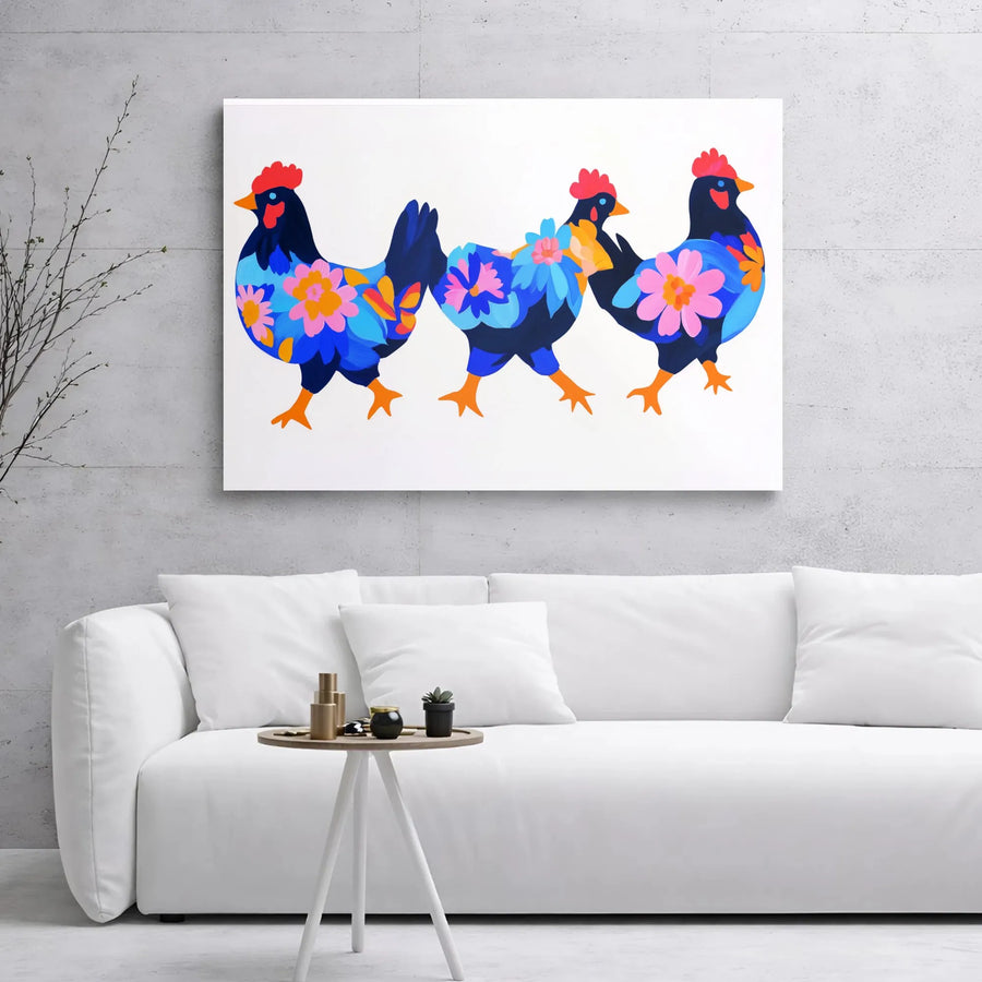 Floral Chicken Canvas Print | Modern Farmhouse Wall Art | Gallery Wrapped Premium Canvas | Whimsical Colorful Animal Decor for Kitchen or Nursery