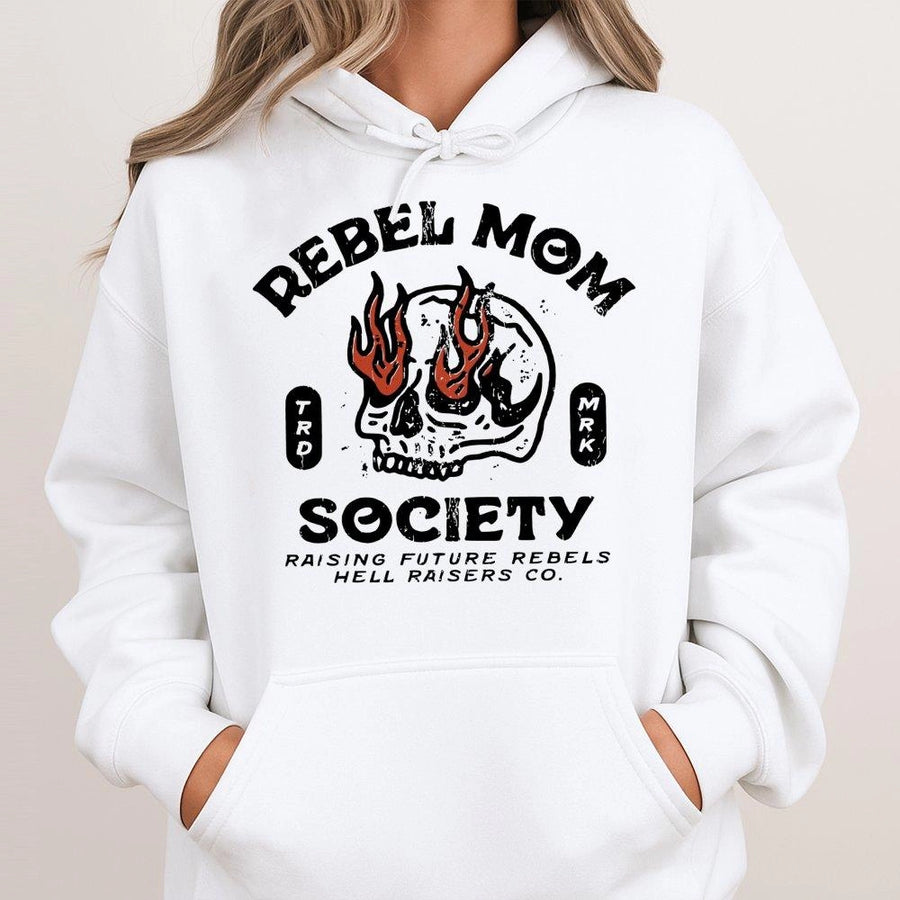 Rebel Mom Society Hoodie | Grunge Skull Graphic Streetwear | Premium Cotton Blend | Edgy Gift for New Mom or Birthday