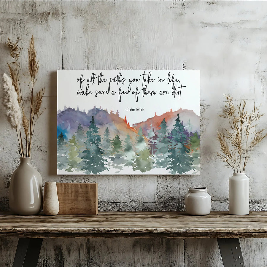 John Muir Quote Horizontal Canvas | Watercolor Forest Mountain Pine Trees Wall Art | Premium 1.25” Thick Frameless Gallery Wrap | Hiking Nature Lover Gift