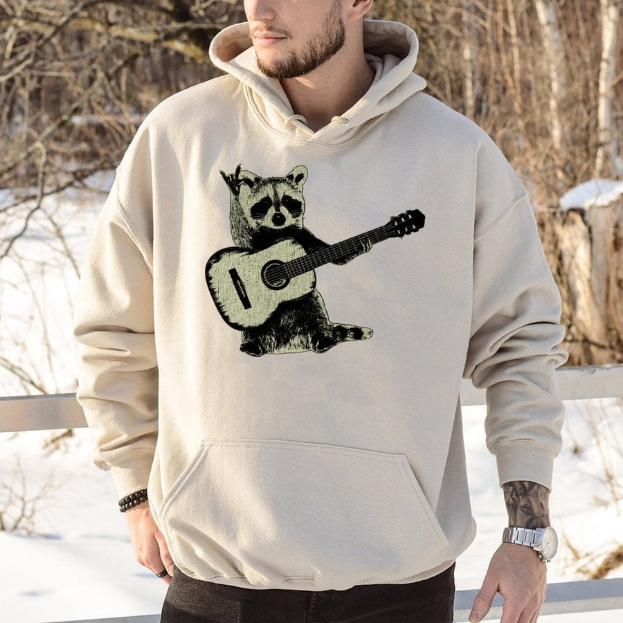 Raccoon Guitar Hoodie | Funny Acoustic Musician Graphic | Premium Cotton Blend | Quirky Gift for Music Lovers and Folk Rock Fans