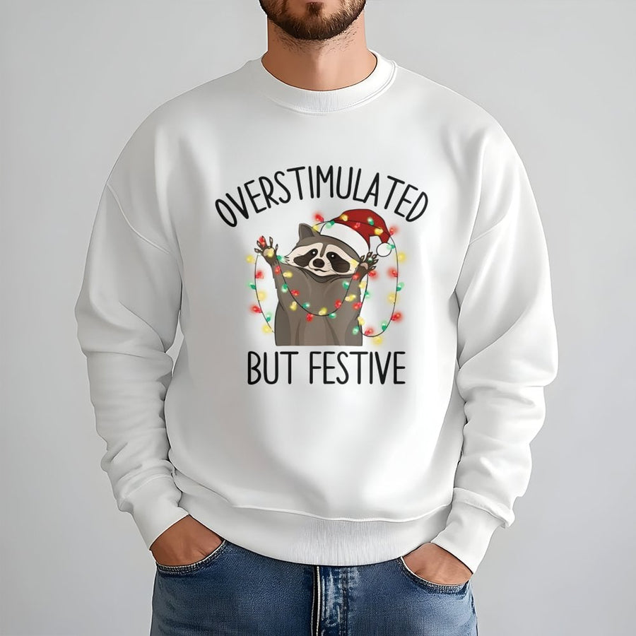 Overstimulated But Festive Raccoon Sweatshirt | Funny Christmas Lights Graphic | Premium Cotton Blend Crewneck | Ugly Sweater Party Gift