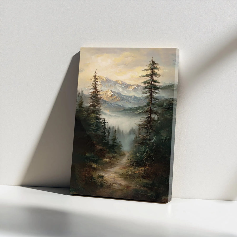 Misty Mountain Forest Canvas Wall Art | Serene Pine Tree Landscape Painting | Premium Gallery Wrapped Decor | Nature Lover Living Room Gift