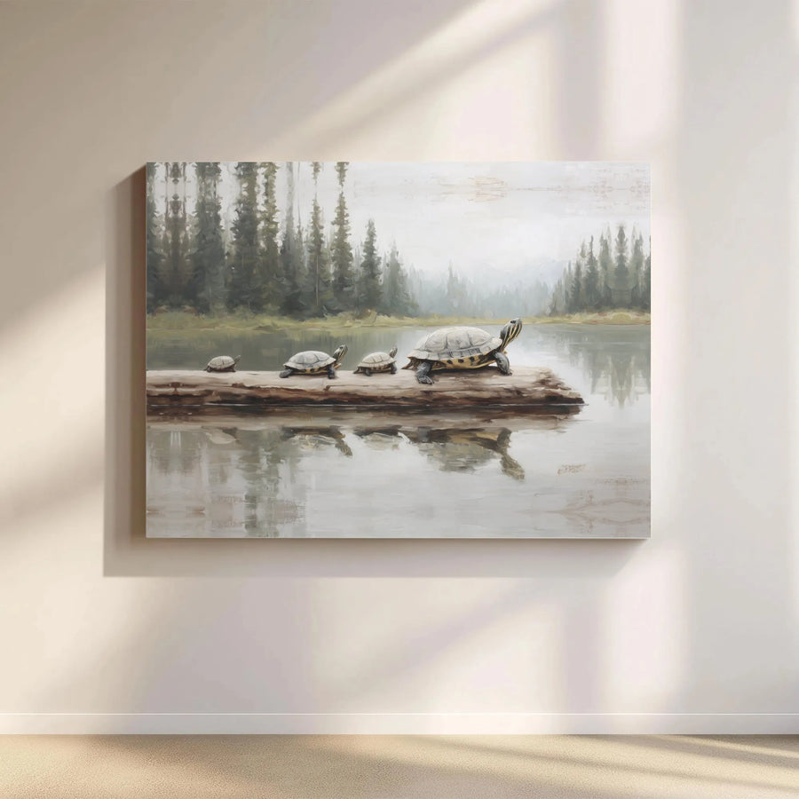 Turtle Family Wall Art | Woodland Lake Landscape Canvas Print | Premium Gallery Wrapped | Nature Lover Home Decor Gift