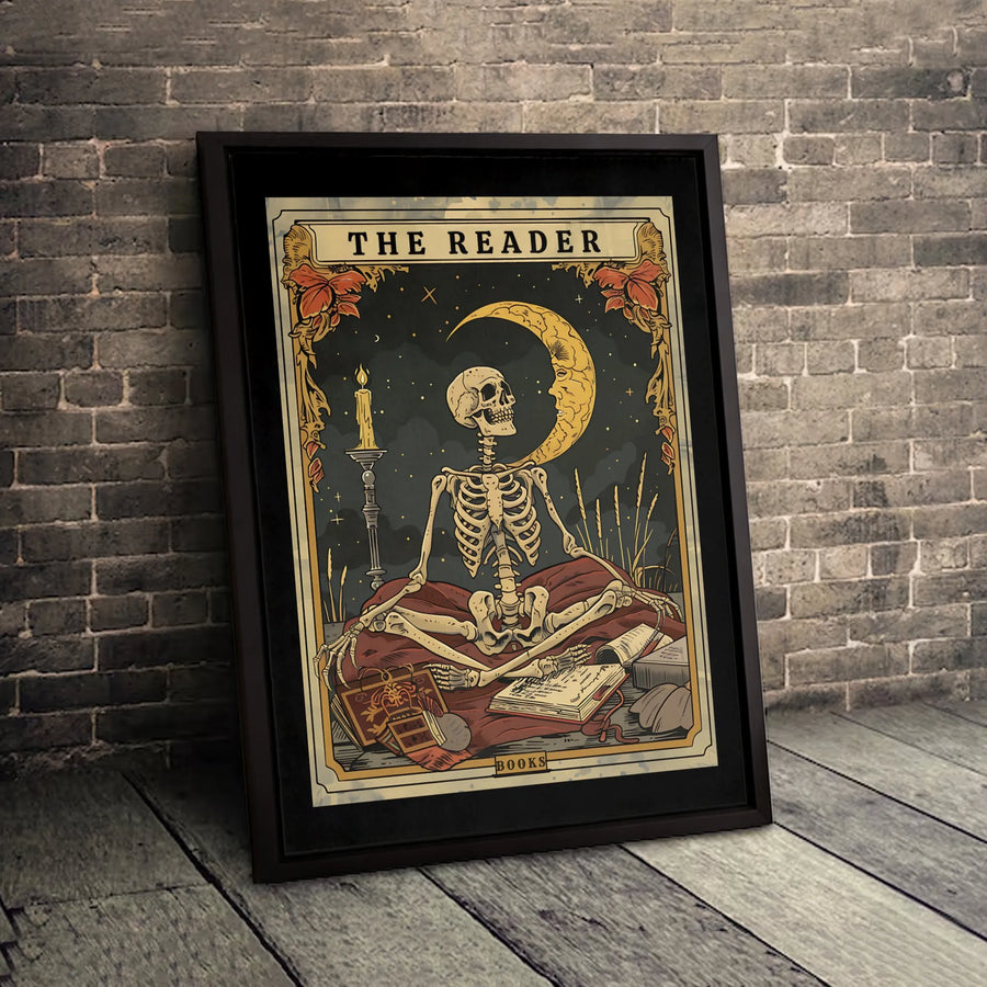 The Reader Tarot Card Canvas | Skeleton Reading Books Wall Art | Gallery Quality Premium Print | Gothic Home Decor Gift for Book Lovers