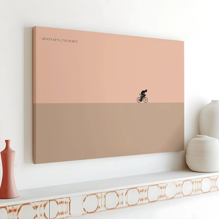 Minimalist Cycling Canvas Print | Cyclist Silhouette with Paris Coordinates | Premium Gallery Wrapped Canvas | Modern Home Decor Gift for Biker