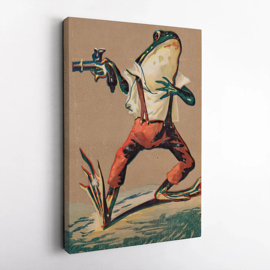 Frog With Gun Canvas Print | Vintage Anthropomorphic Pistol Art | Premium Gallery Wrapped Canvas | Unique Goblincore Home Decor Gift