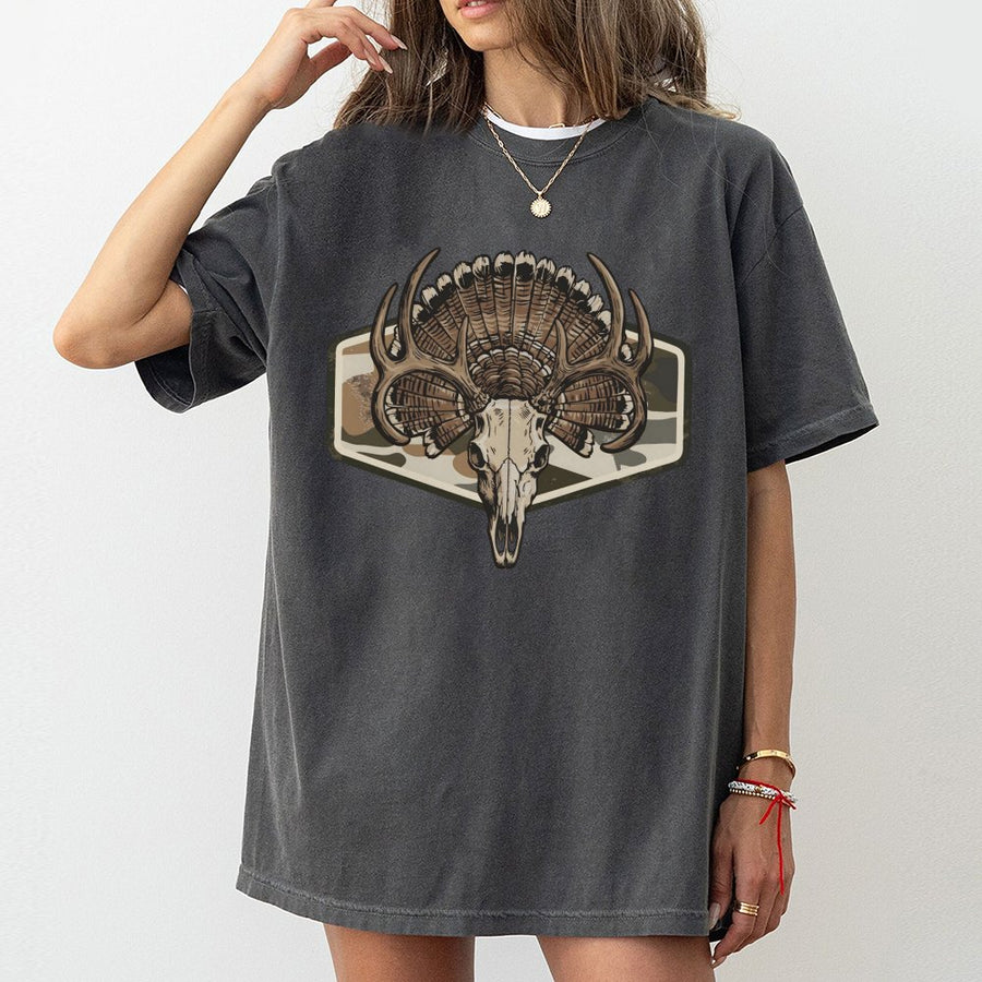 Hunting T-Shirt | Deer Antler and Turkey Skull Camo Graphic | 100% Premium Cotton Tee | Gift for Hunter Outdoor Enthusiast