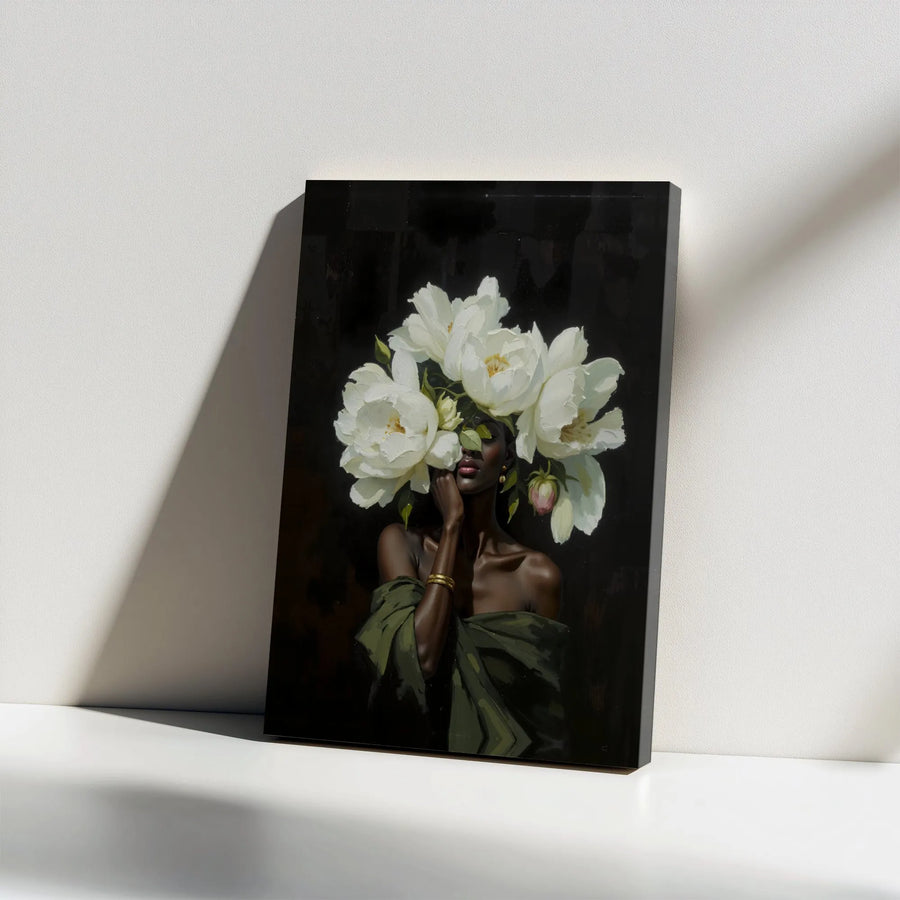 Black Woman Canvas Wall Art | White Peony Floral Portrait | Premium Gallery Wrapped Print | Modern African American Home Decor Gift