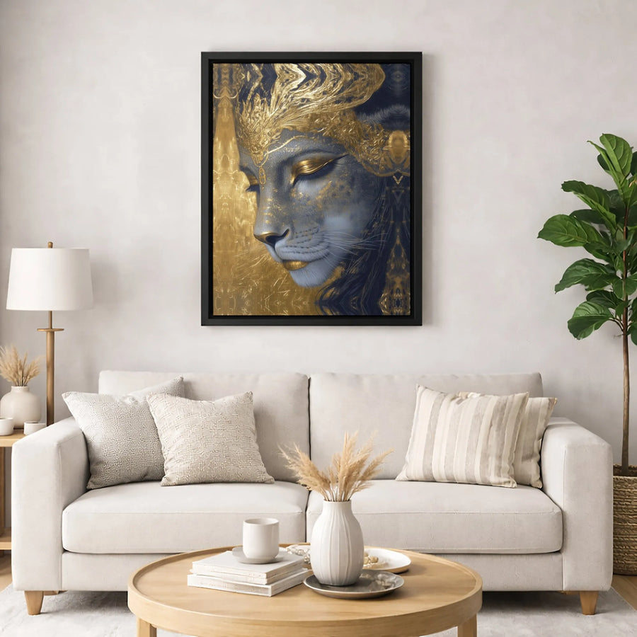 Lioness Goddess Canvas Print | Abstract Gold Headdress Wall Art | Premium Gallery-Wrap 1.25" Profile | Elegant Living Room Decor Gift