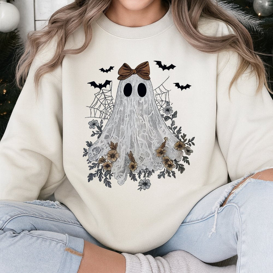 Cute Ghost Coquette Sweatshirt | Bow Aesthetic Halloween Graphic | Premium Cotton Blend | Aesthetic Spooky Fall Gift for Her