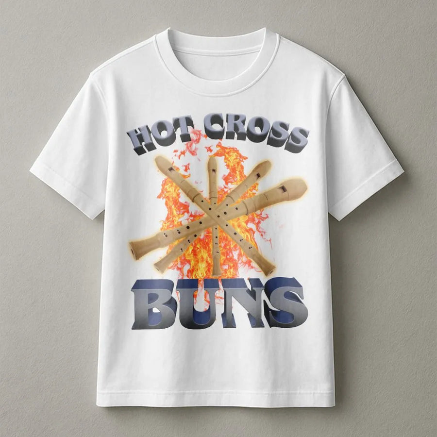 Hot Cross Buns Graphic T-Shirt | Flamed Recorder Musician Design | 100% Cotton Premium Tee | Funny Music Teacher Gift for Band Students