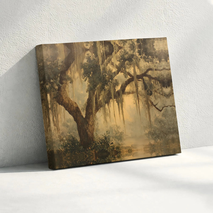 Vintage Southern Live Oak Horizontal Canvas | Misty Spanish Moss Bayou Landscape Print | Premium 1.25 Inch Gallery Wrap | Elegant Living Room Wall Art Gift