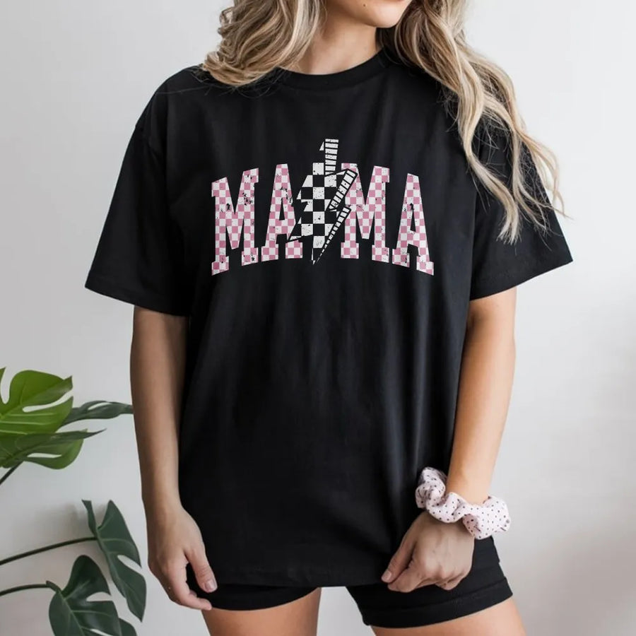 Retro Mama T-Shirt | Checkerboard Lightning Bolt Varsity Graphic | Soft Cotton Blend | Mothers Day Gift for New Mom