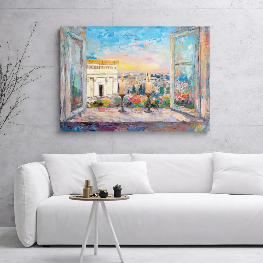 Jerusalem Wall Art | Impressionist Window View with Candles | Premium Gallery Wrap Canvas | Spiritual Home Decor Gift