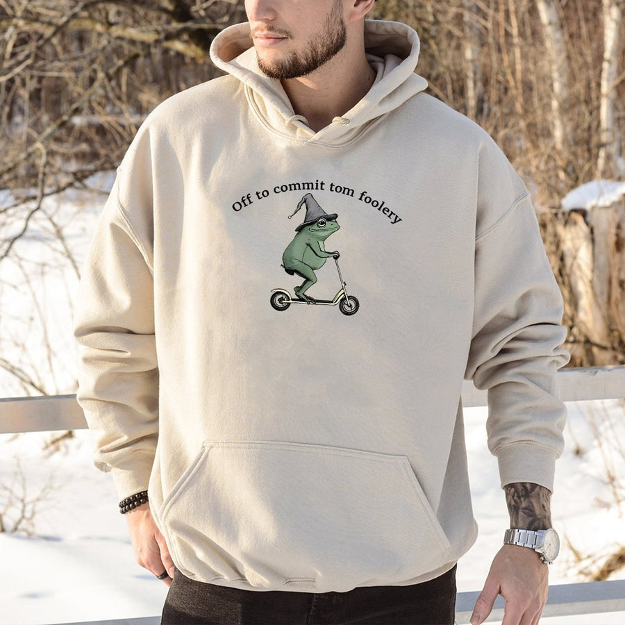 Off To Commit Tom Foolery Frog Hoodie | Funny Wizard Frog on Scooter Graphic | Cotton-Poly Blend Sweatshirt | Quirky Gift for Meme Lovers