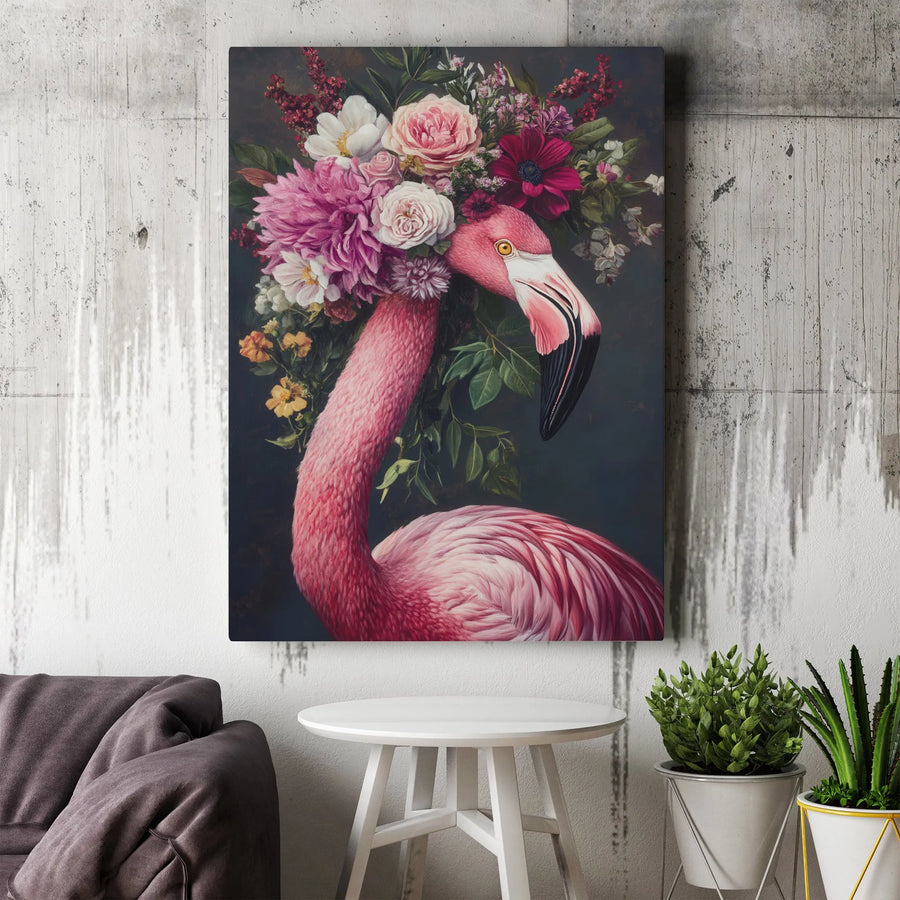 Flamingo Floral Canvas Print | Moody Botanical Bird with Flower Crown | Premium Gallery Wrapped Wall Art | Maximalist Living Room Decor Gift