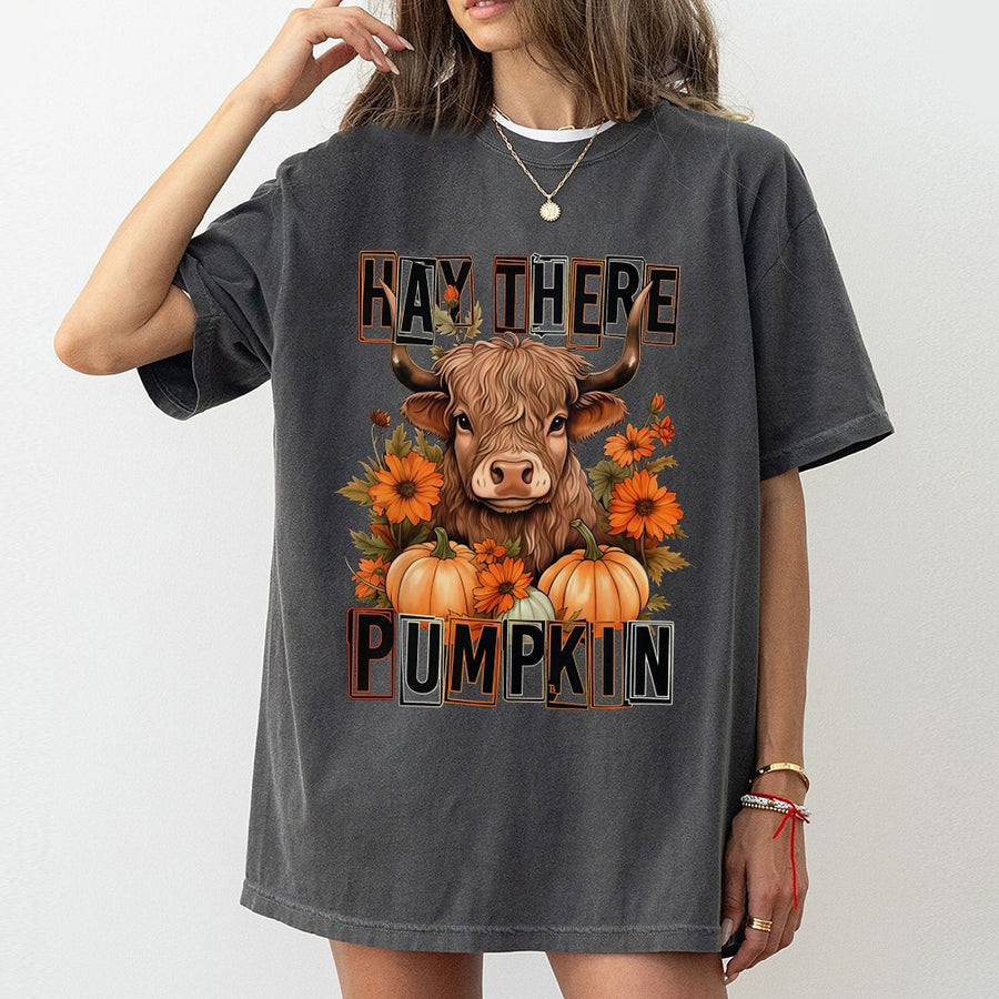Hay There Pumpkin T-Shirt | Highland Cow Fall Graphic Tee | 100% Cotton Premium Quality | Cute Autumn Thanksgiving Gift for Women & Cow Lovers